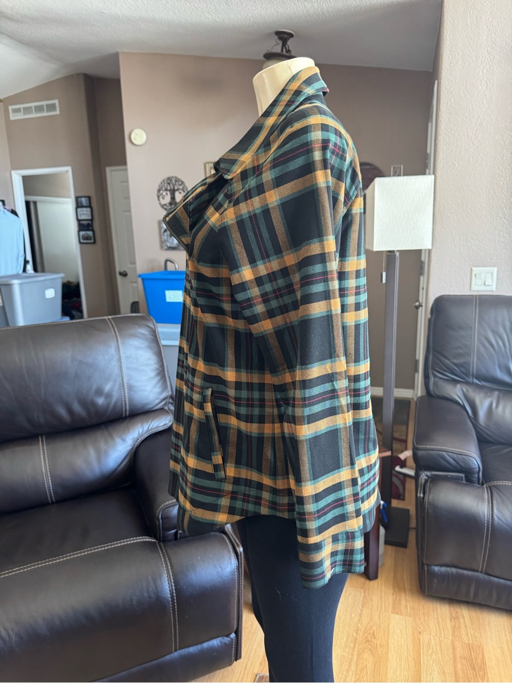 CAbi Plaid Jean Jacket in Green, Yellow, Black & Tan - Picture 8 of 11